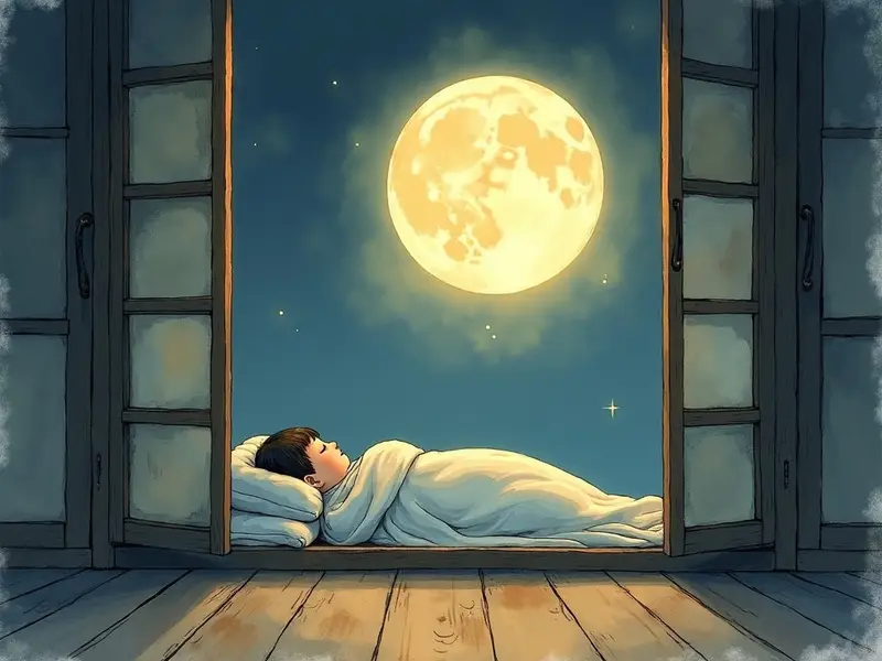 満月の光が差し込む寝室の窓辺で、静かに眠る人影を淡く照らしている夜の情景