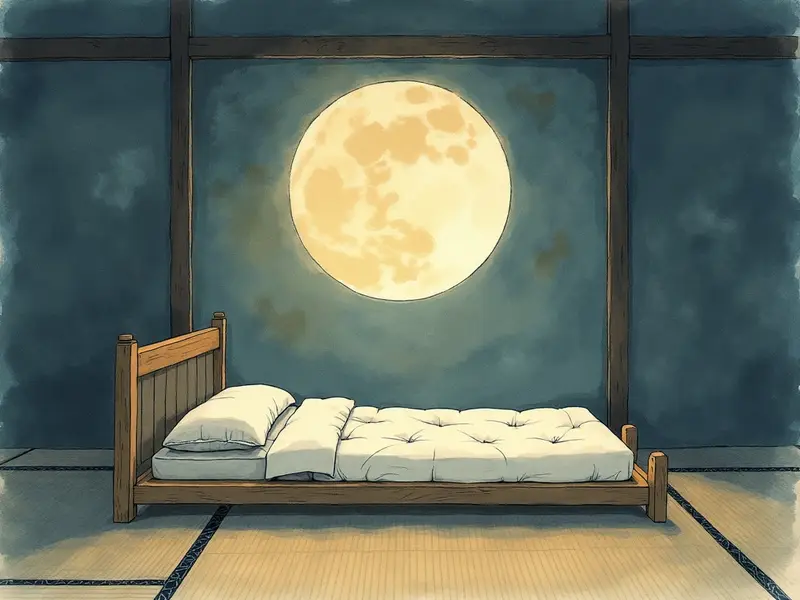夏の夜、畳の部屋に敷かれた布団と、窓から差し込む月明かりの静かな情景