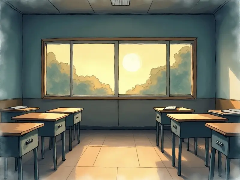 夕暮れの誰もいない教室に夏の光が差し込み、机の上にノートが一冊置かれている風景