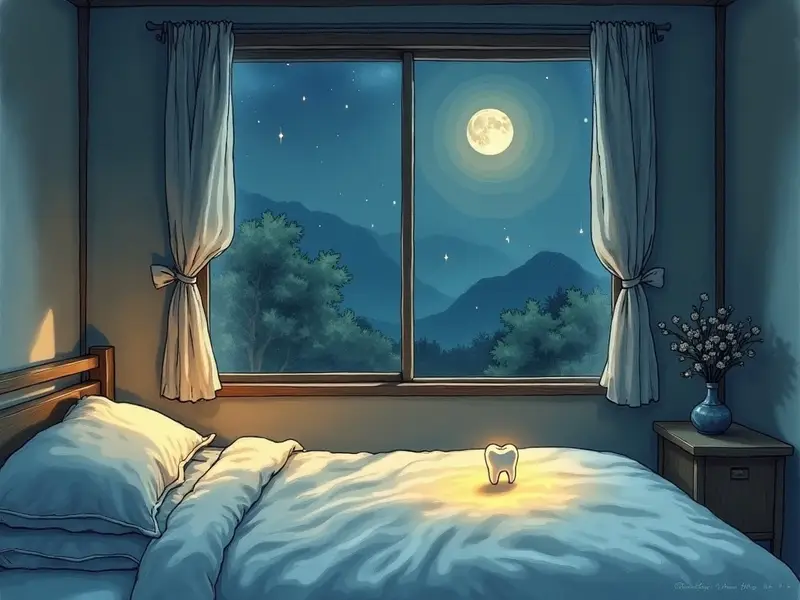 夜の寝室で月明かりが差し込み、枕の上に白い歯がぼんやりと浮かぶ幻想的な情景