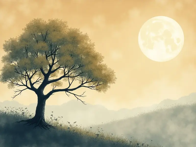 夜空を背景に丸い実をつけた桐の木が静かに佇む幻想的な情景のイラスト