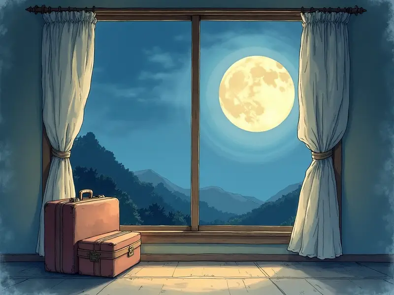 月明かりの差す部屋で半分荷造りされたスーツケースが静かに置かれている夢のような情景