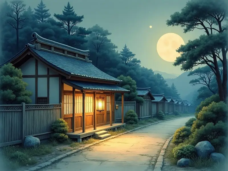 夕暮れの実家の縁側に灯りがともり、帰り道の先に家族が待つ静かな夏の情景