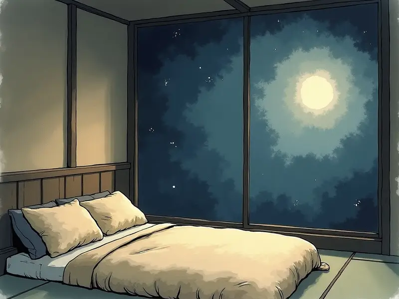 障子越しの月明かりが差し込む夜の和室に敷かれた布団と、静かに佇む人影のような気配