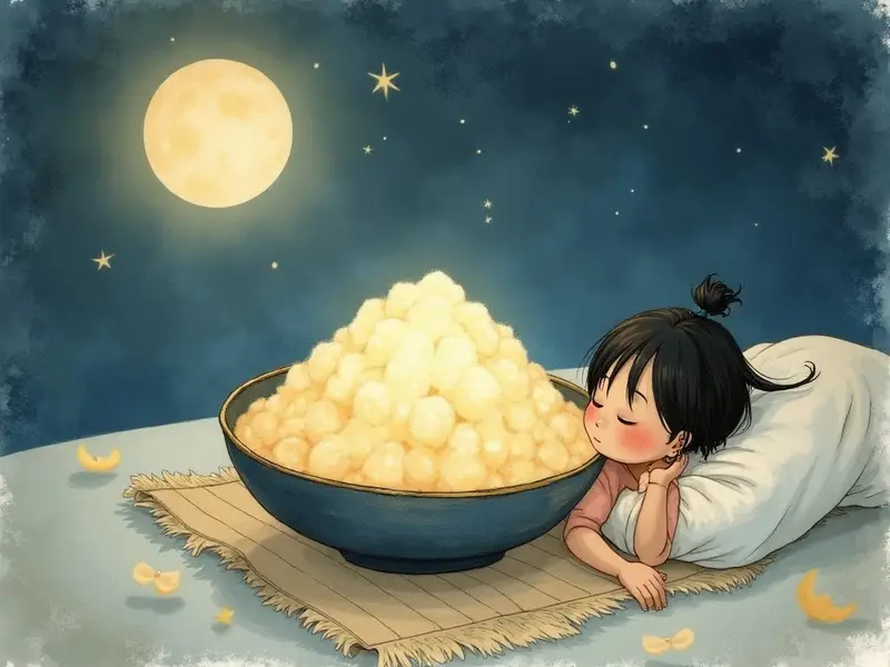 月明かりの下でかき氷の器がやわらかく光り、眠る人のそばに置かれている幻想的な情景