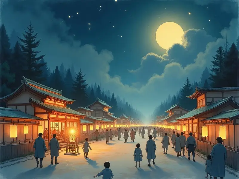 提灯に照らされた夜の祭りの行列と山鉾が幻想的に浮かび上がる夢のような情景