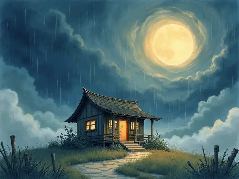 暴風雨に包まれた小さな家の窓明かりが夜の中に浮かび上がる幻想的な情景