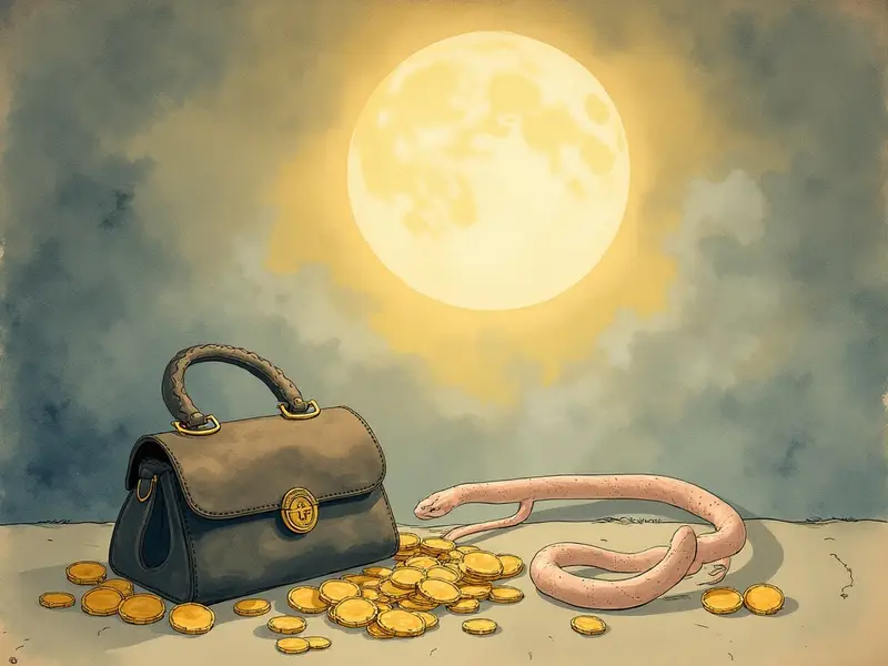 月明かりの下、金色の小判と白い蛇、古い財布がそっと並ぶ幻想的な静かな情景