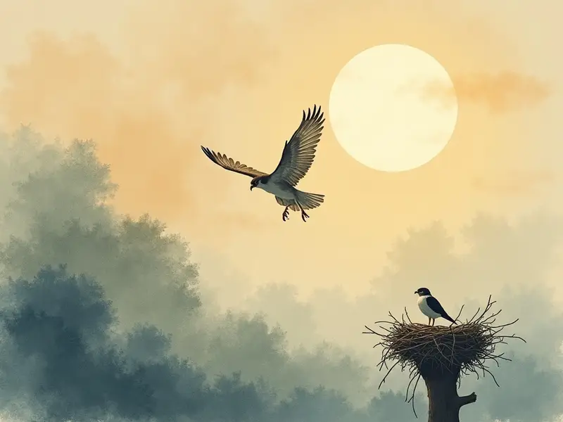 夏の朝焼けの空に向かって巣から飛び立とうとする鷹の幼鳥の静かな情景