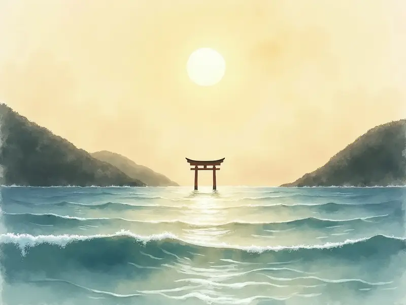静かな早朝の海辺に波が寄せ、遠くに鳥居のシルエットが浮かぶ夢のような風景